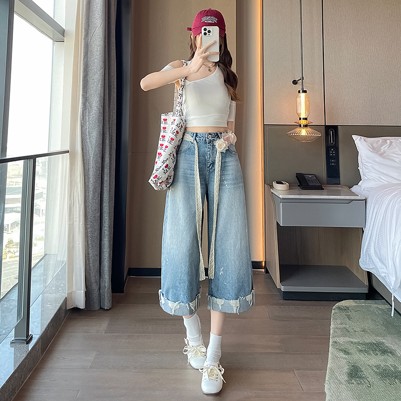 淺藍色卷邊破洞七分闊腿牛仔褲女2026夏季薄款寬松小個子7分褲子