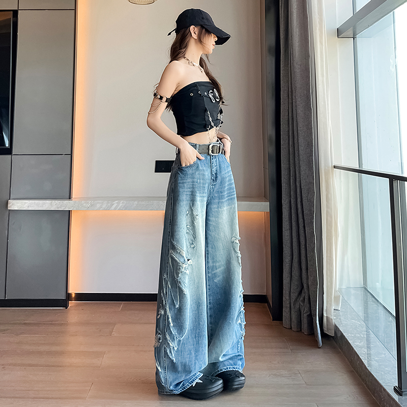 街頭風辣妹高腰破洞窄版闊腿牛仔褲女2026夏季新款寬松顯瘦拖地褲