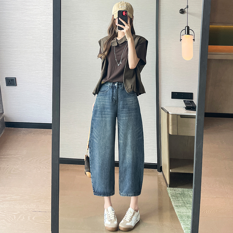 小個子美式復古口袋刺繡彎刀牛仔褲女新款高腰寬松顯瘦闊腿彎刀褲
