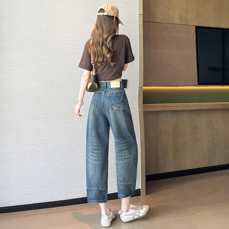 小個子美式復古口袋刺繡彎刀牛仔褲女新款高腰寬松顯瘦闊腿彎刀褲
