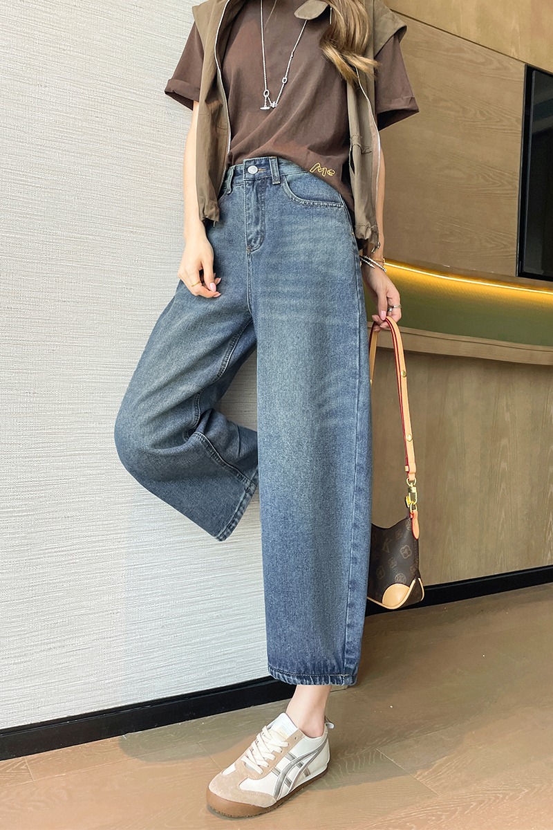 小個子美式復古口袋刺繡彎刀牛仔褲女新款高腰寬松顯瘦闊腿彎刀褲