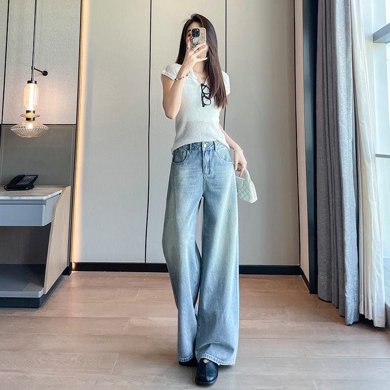 小個子設計感爆款高腰九分彎刀牛仔褲女2026夏薄款寬松顯瘦闊腿褲