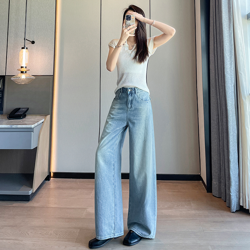 小個子設計感爆款高腰九分彎刀牛仔褲女2026夏薄款寬松顯瘦闊腿褲