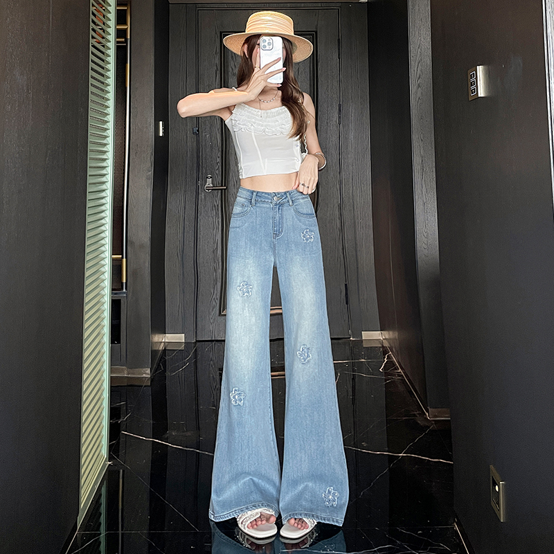 天絲喇叭牛仔褲女夏薄款2026新款顯瘦垂感爆款寬松繡花釘珠拖地褲