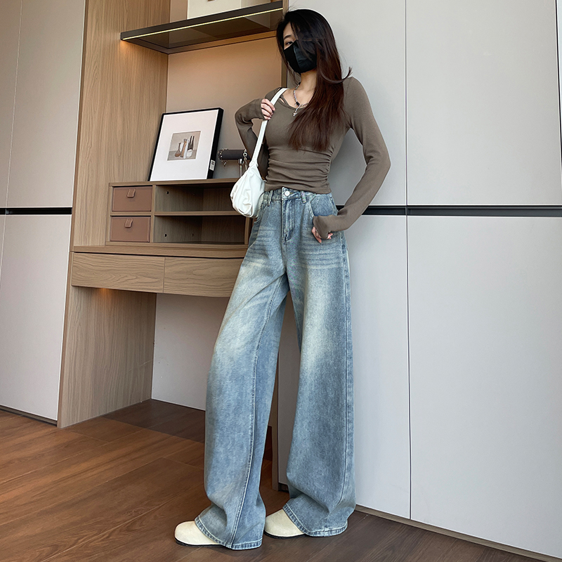 新款小個子穿搭牛仔褲女夏季百搭寬松淺藍色闊腿褲美式長褲直筒褲