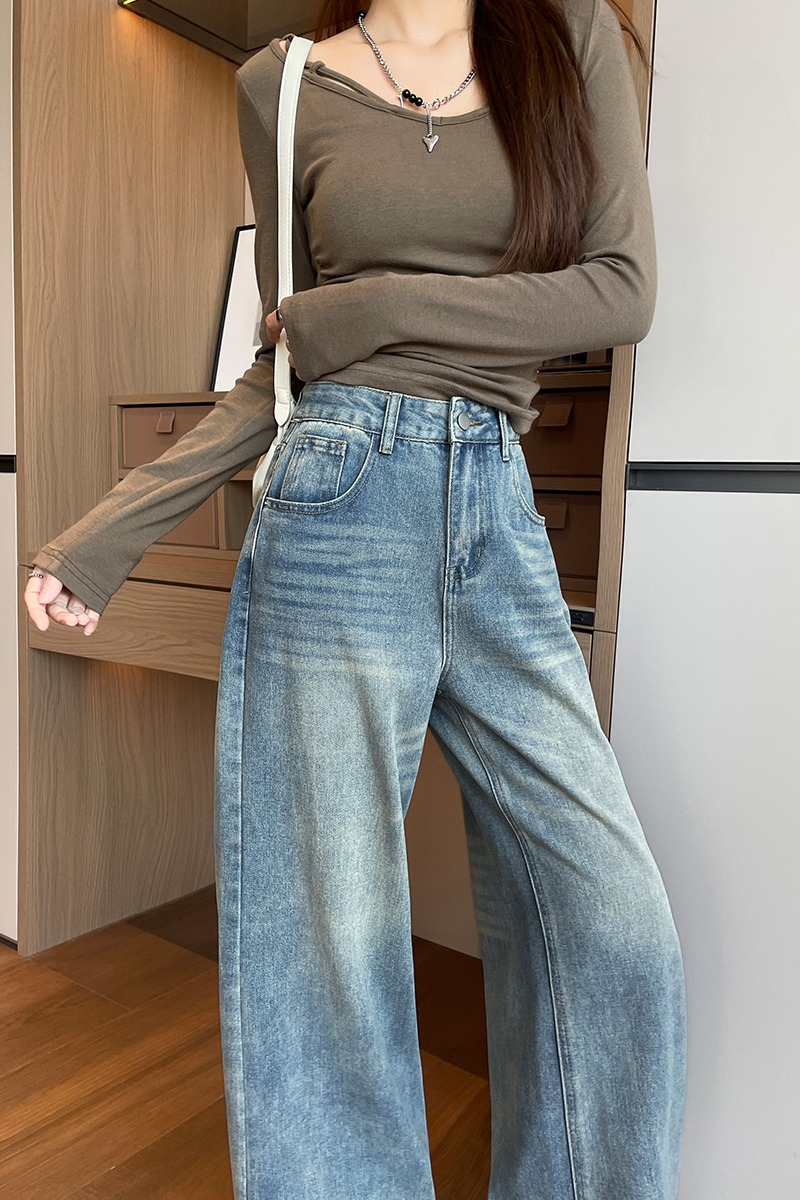 新款小個子穿搭牛仔褲女夏季百搭寬松淺藍色闊腿褲美式長褲直筒褲