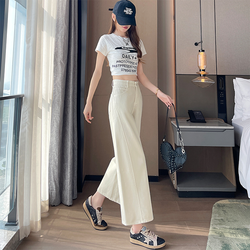 淺卡其色闊腿牛仔褲女夏季薄款2026新款高腰顯瘦九分小個子直筒褲