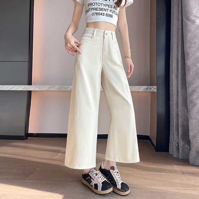 淺卡其色闊腿牛仔褲女夏季薄款2026新款高腰顯瘦九分小個子直筒褲