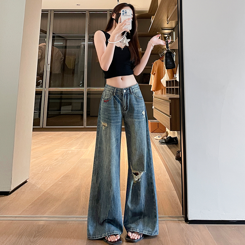 美式街頭風低腰破洞闊腿牛仔褲女2026夏季新款寬松顯瘦百搭拖地褲