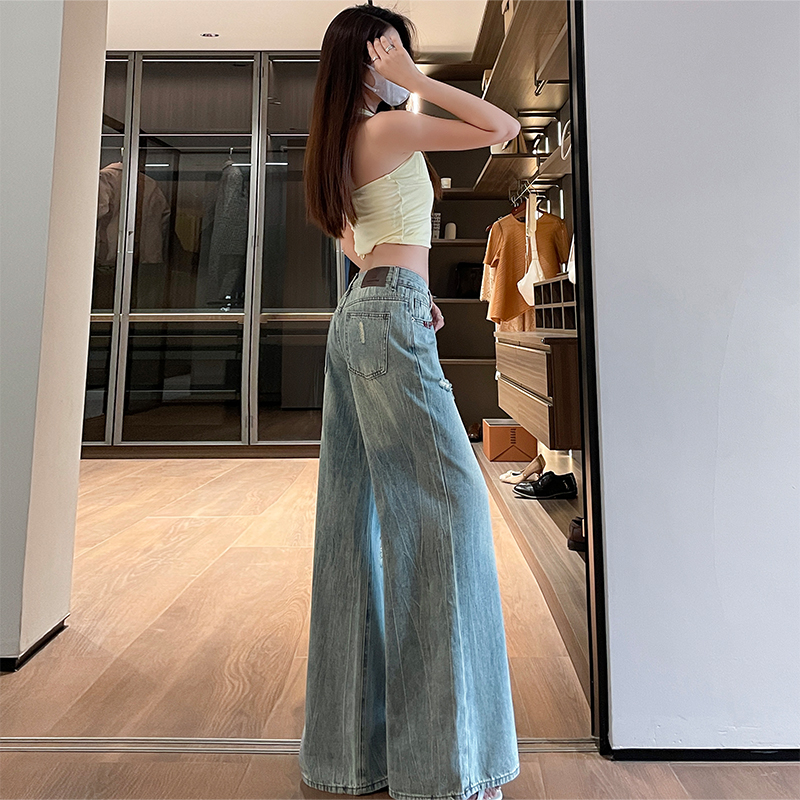 美式街頭風低腰破洞闊腿牛仔褲女2026夏季新款寬松顯瘦百搭拖地褲