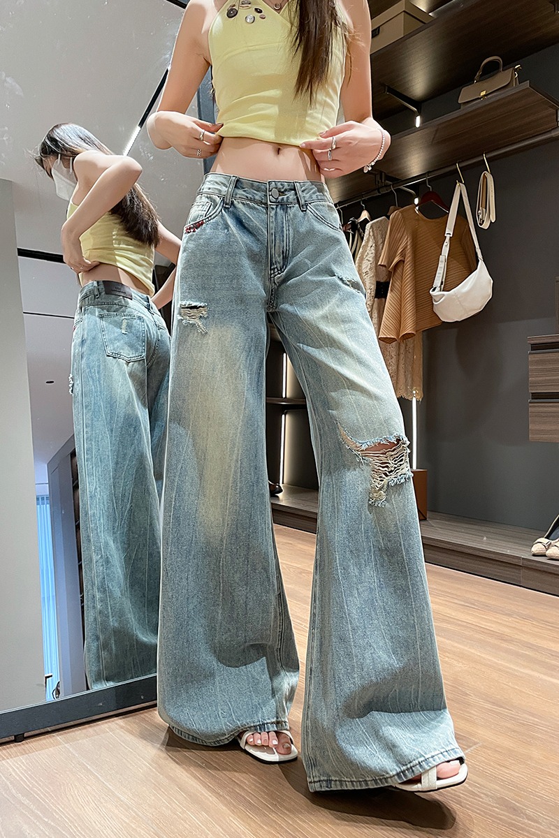 美式街頭風低腰破洞闊腿牛仔褲女2026夏季新款寬松顯瘦百搭拖地褲