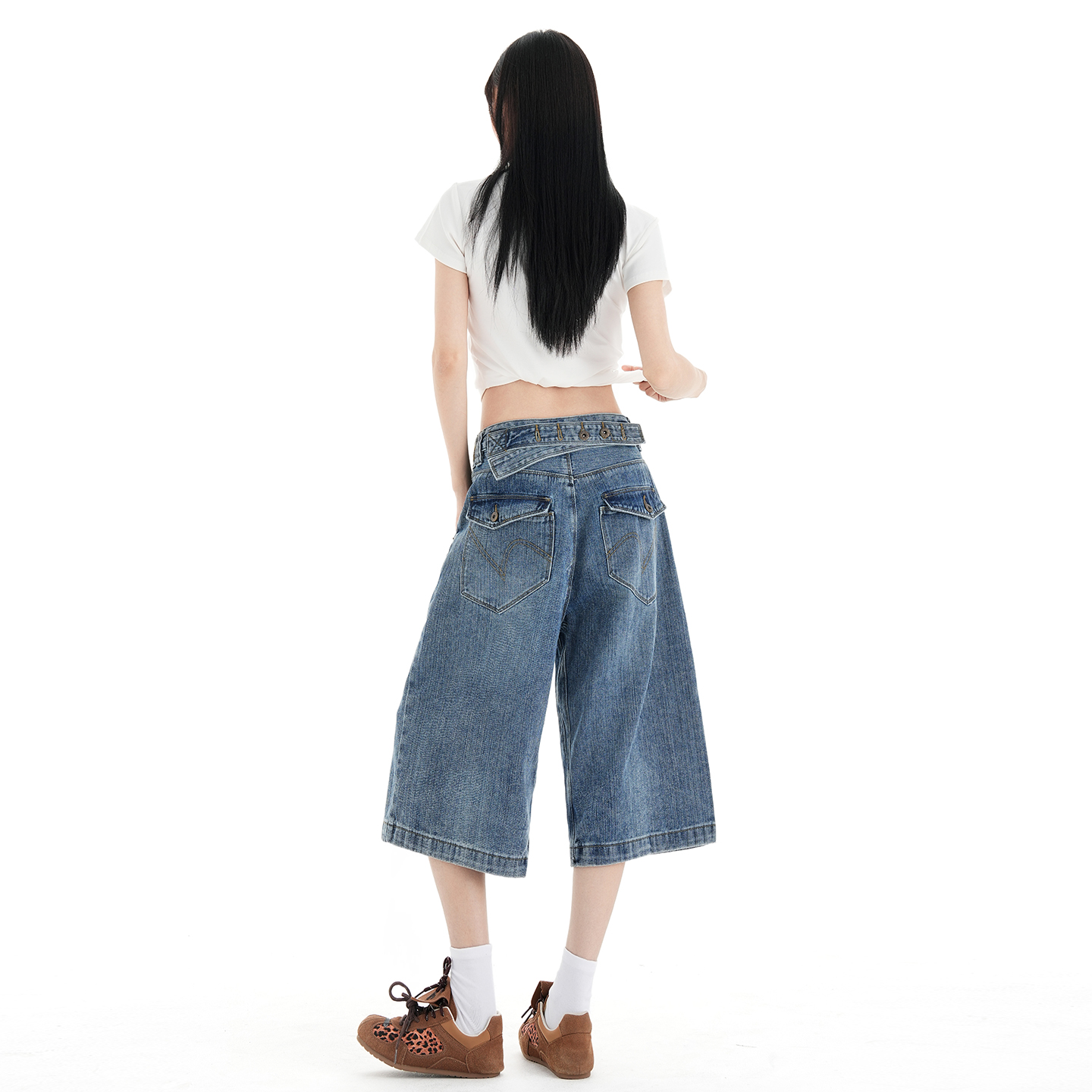 2026美式復古竹節巴黎扣水洗七分褲女夏季做舊高街cleanfit牛仔褲