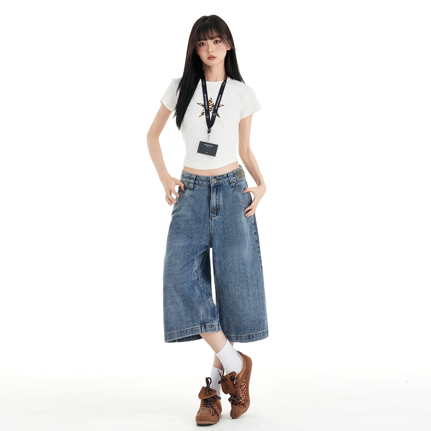 2026美式復古竹節巴黎扣水洗七分褲女夏季做舊高街cleanfit牛仔褲