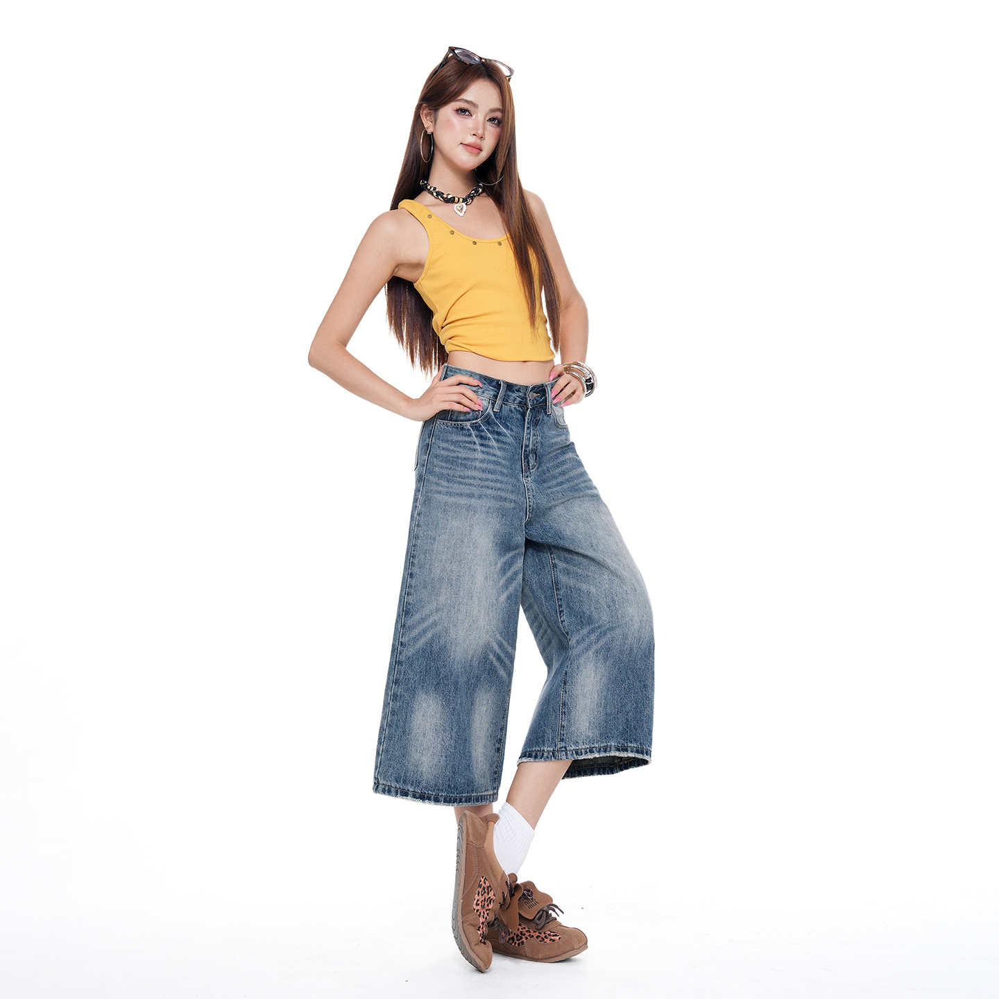 美式復古七分牛仔短褲女2026夏季新款高腰直筒寬松7分闊腿中褲子