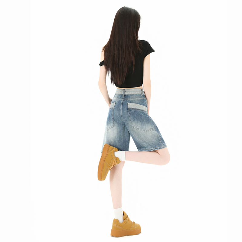 美式復古拼接水洗牛仔褲女2026夏季新款寬松顯瘦闊腿五分中短褲子