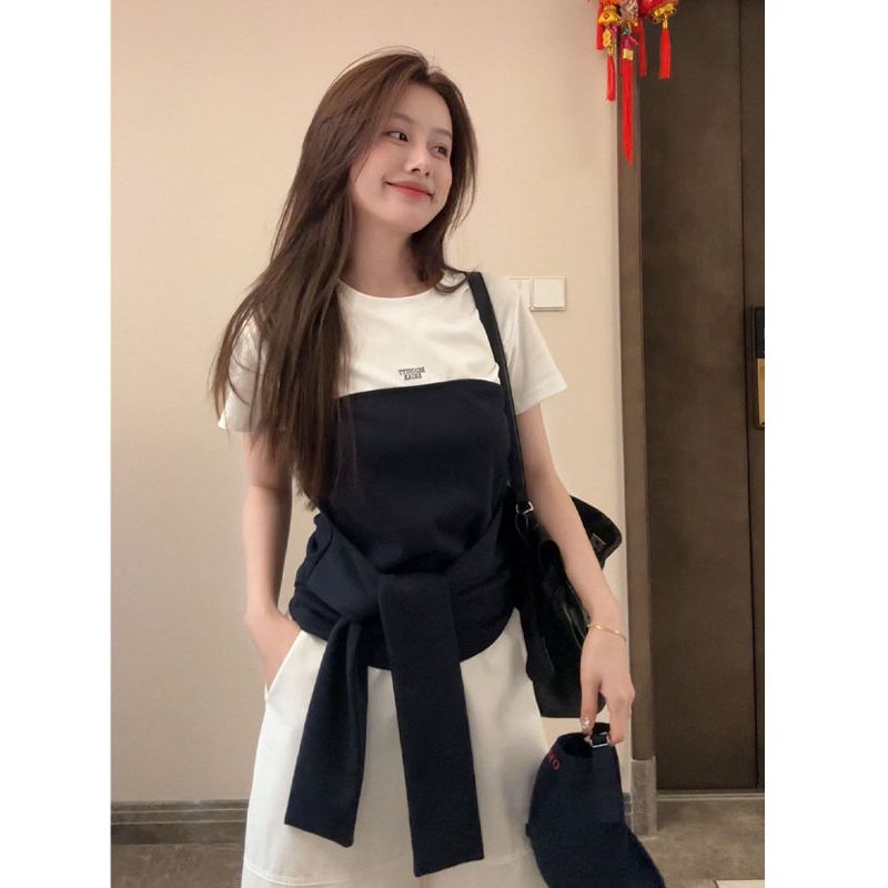 MY11127# 40支纯棉假两件撞色拼接绑带短袖T恤女夏季显瘦气质百搭上衣女裝貨源服裝批發