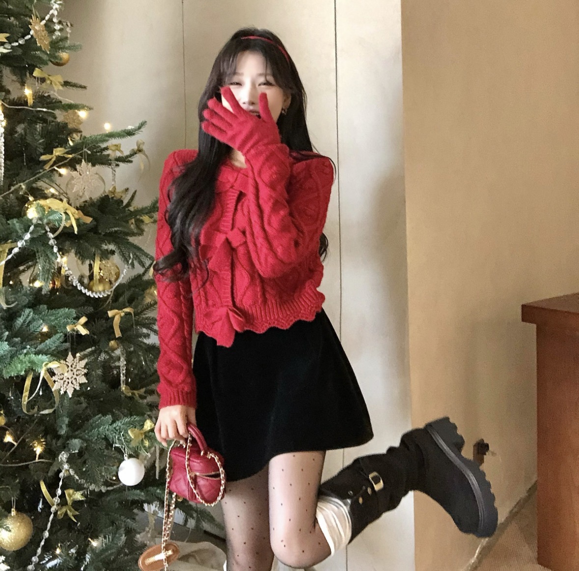 MY15908# 圣诞红色蝴蝶结针织开衫新款气质宽松减龄百搭短款毛衣上衣女...