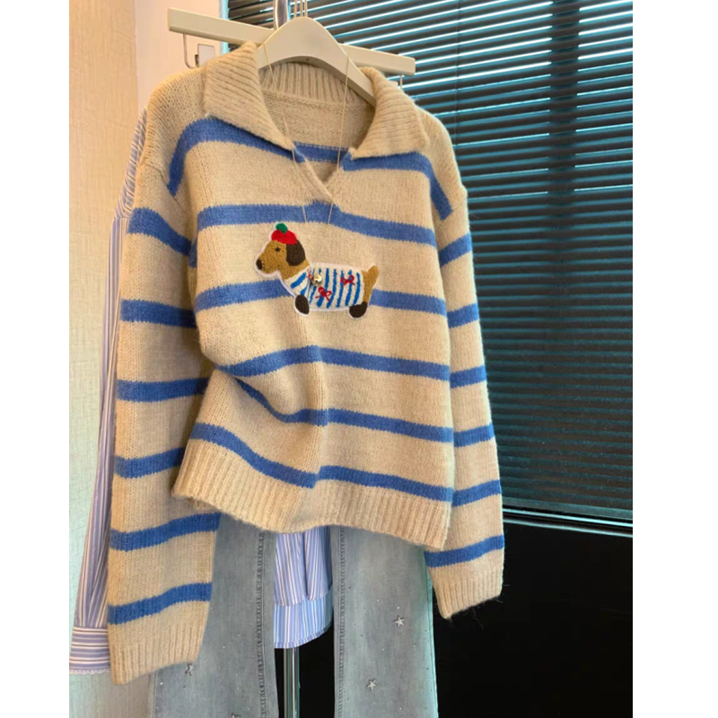 MY15436# 趣味小狗贴布翻领针织衫女新款小众设计感撞色条纹长袖羊毛衫女裝貨源服裝批發