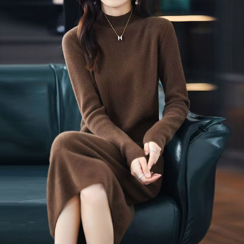 MY15434# 半高领中长款针织连衣裙时尚宽松显瘦直筒保暖打底毛衣裙女裝貨源服裝批發