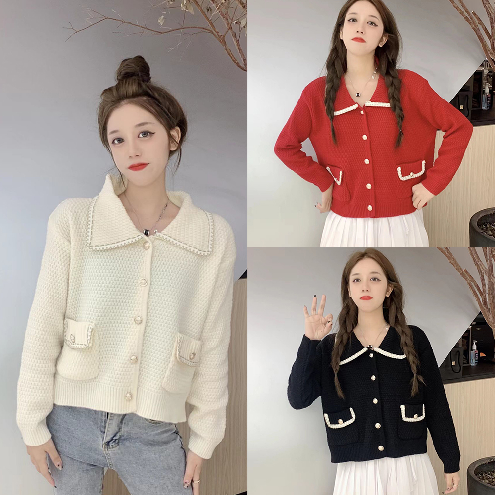 MY15435# 时尚翻领针织开衫女韩系chic设计感小众别致短款毛衣外套女裝貨源服裝批發