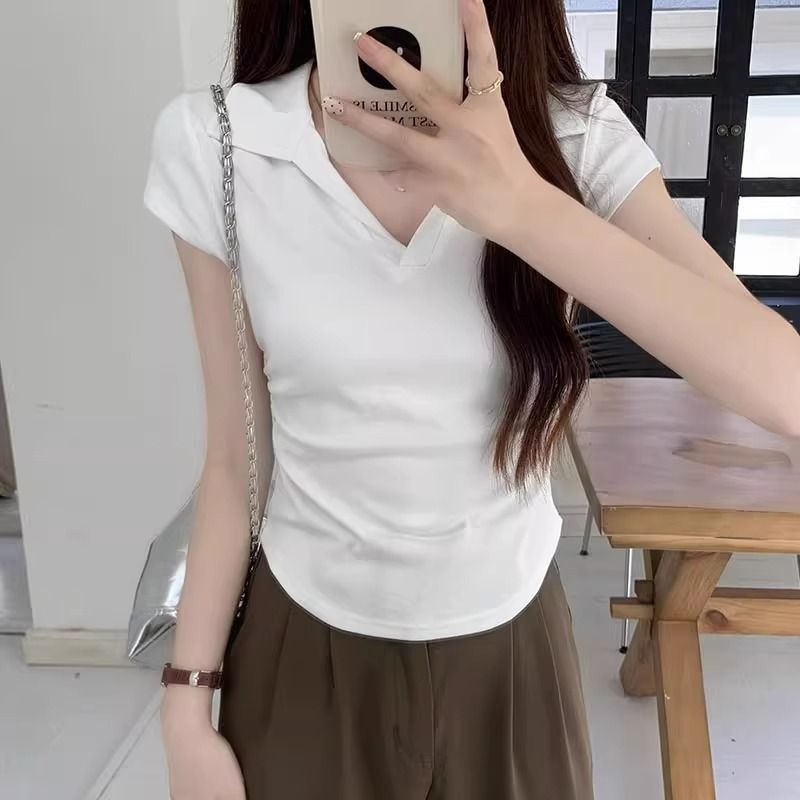 MY11498# polo领正肩短袖女装上衣夏季新款时尚美式辣妹修身显瘦抽褶t恤女裝貨源服裝批發