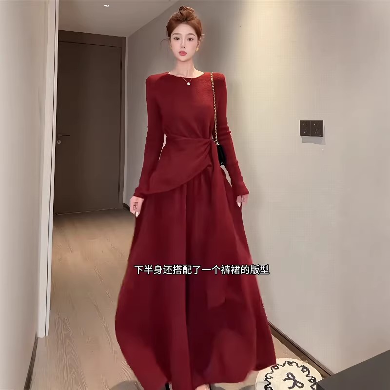 MY17429# 优雅风酒红色绑带针织上衣大裙摆阔腿裤气质显瘦两件套女裝貨...