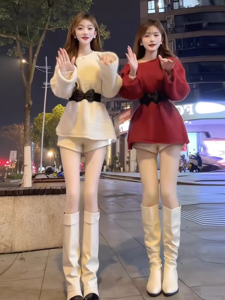 MY16401# 法式气质新年红色蝴蝶结腰带针织衫宽松收腰显瘦毛衣女裝貨源...