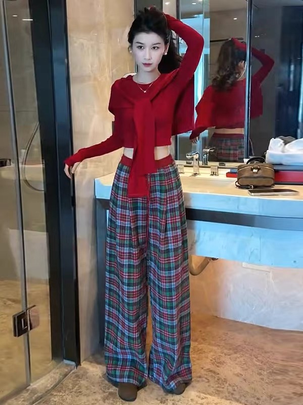 MY16400# 氛围感修身长袖T恤红色披肩女格子阔腿裤三件套女裝貨源服裝...