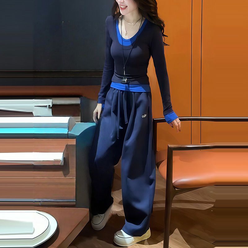 MY14696# 新款拼色假两件长袖正肩T恤修身上衣搭配高腰休闲裤套装女裝...