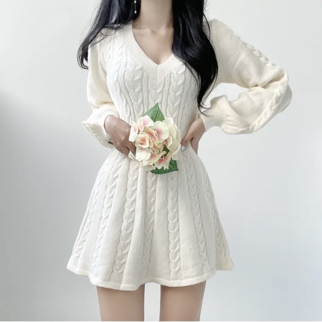 MY14810# 韩国chic复古麻花纹V领收腰灯笼袖A字针织毛衣连衣裙女...