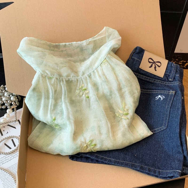 實拍2026夏季新款絲光雪紡衫無袖襯衫刺繡高貨圓領上衣洋氣減齡