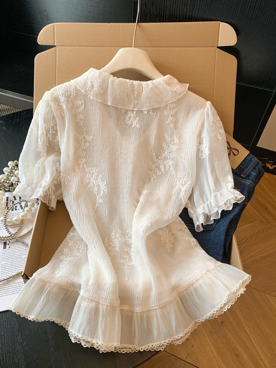 實拍2026夏季新款刺繡雪紡衫法式輕奢蕾絲襯衫荷葉邊洋氣V領上衣