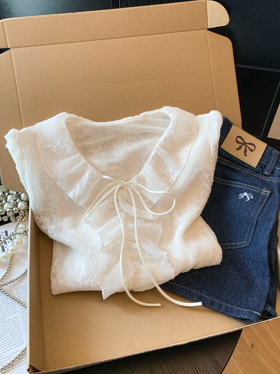 實拍2026夏季新款刺繡雪紡衫法式輕奢蕾絲襯衫荷葉邊洋氣V領上衣