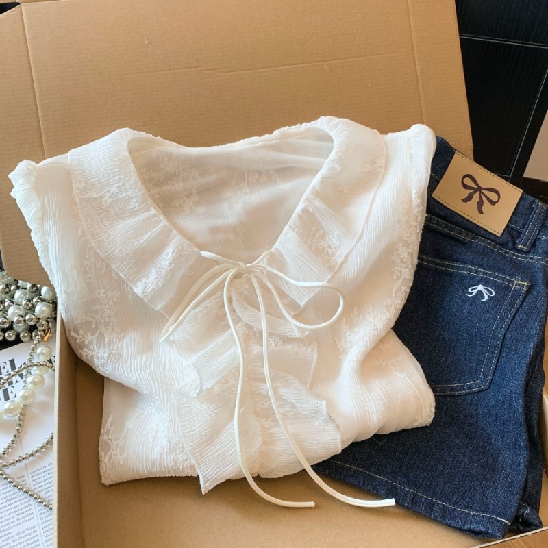 實拍2026夏季新款刺繡雪紡衫法式輕奢蕾絲襯衫荷葉邊洋氣V領上衣