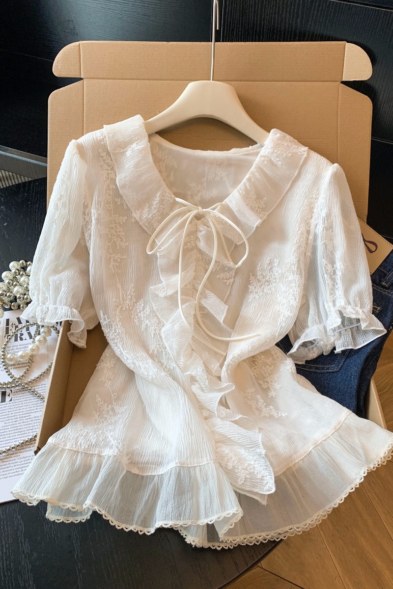 實拍2026夏季新款刺繡雪紡衫法式輕奢蕾絲襯衫荷葉邊洋氣V領上衣