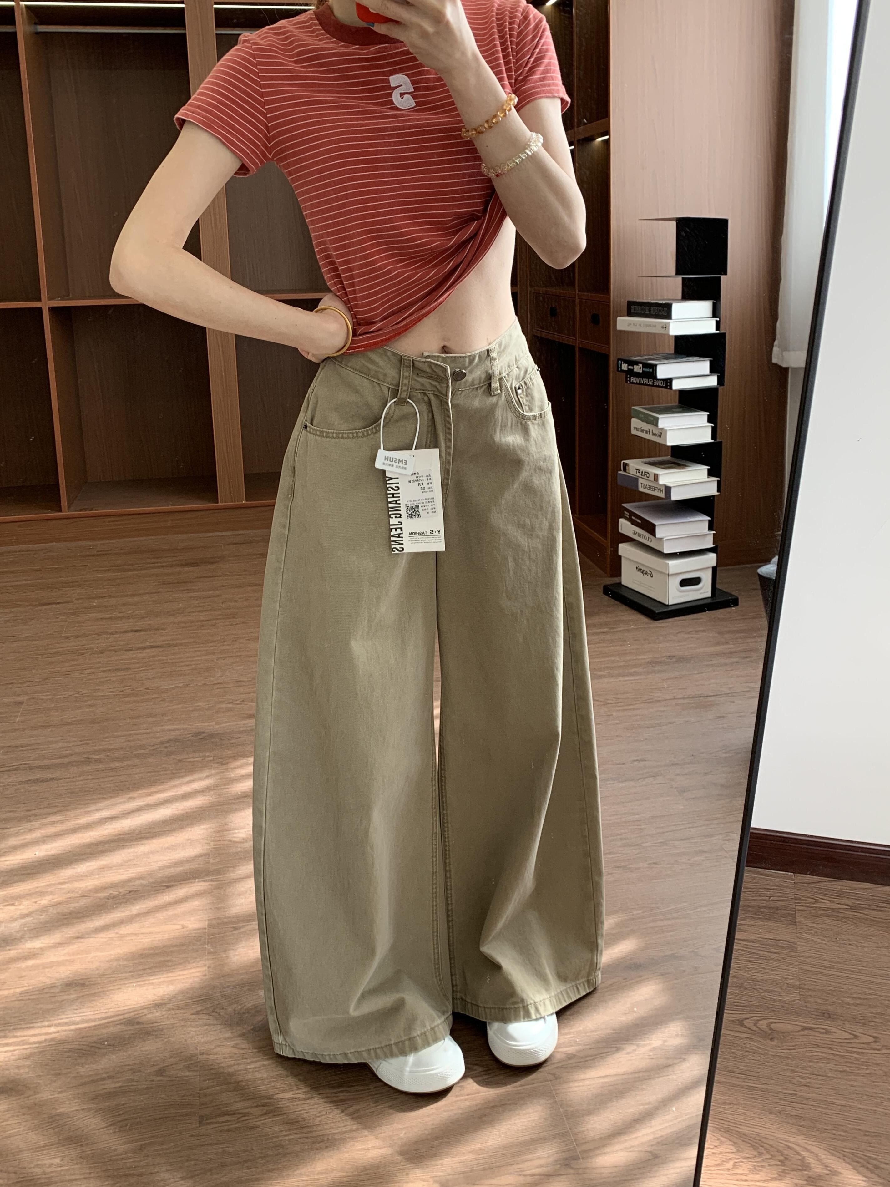 美式复古卡其色高腰阔腿牛仔裤女夏季韩版宽松显瘦垂感直筒长裤子