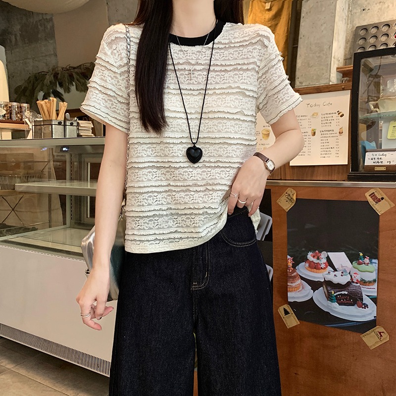 MY9176# 短袖t恤夏新款短款设计感甜美蕾丝撞色圆领上衣大码女装女裝貨源服裝批發