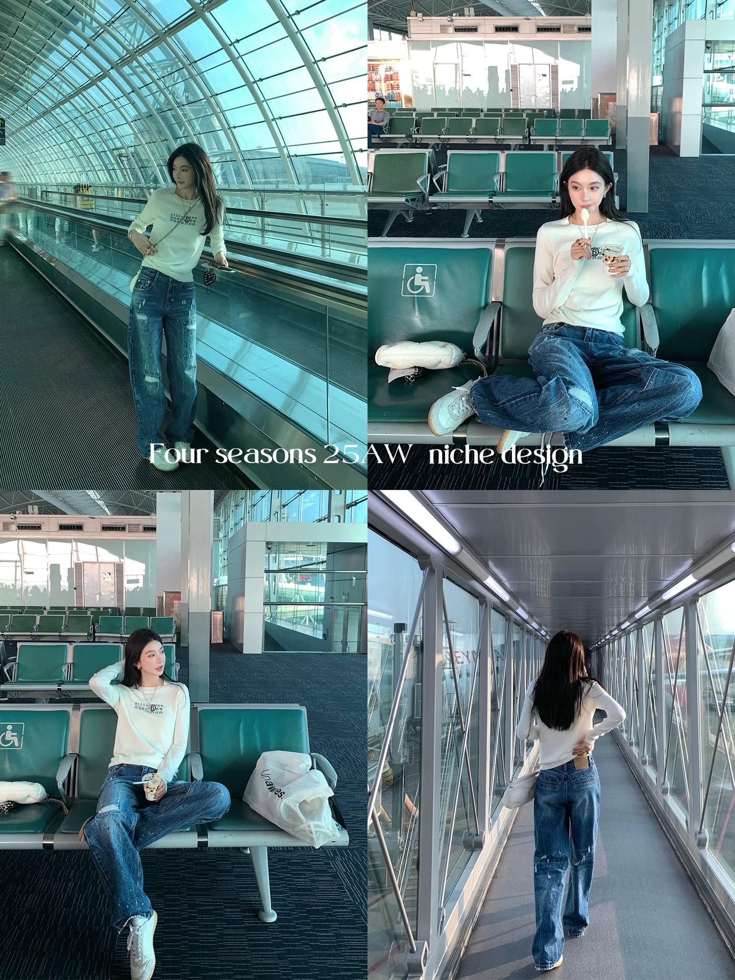 區區歐陽破洞潑墨牛仔褲女秋季新款寬松直筒拖地長褲做舊復古褲子
