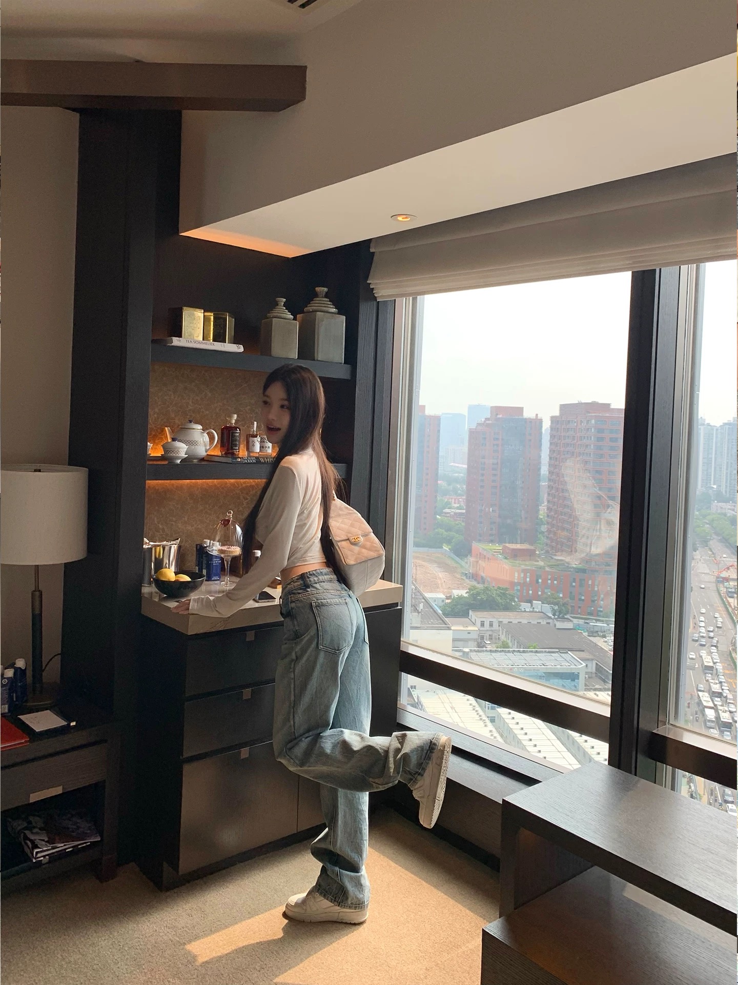 早安樊樊m1u系拼皮牛仔水洗藍顯瘦直筒牛仔褲女秋百搭長褲子