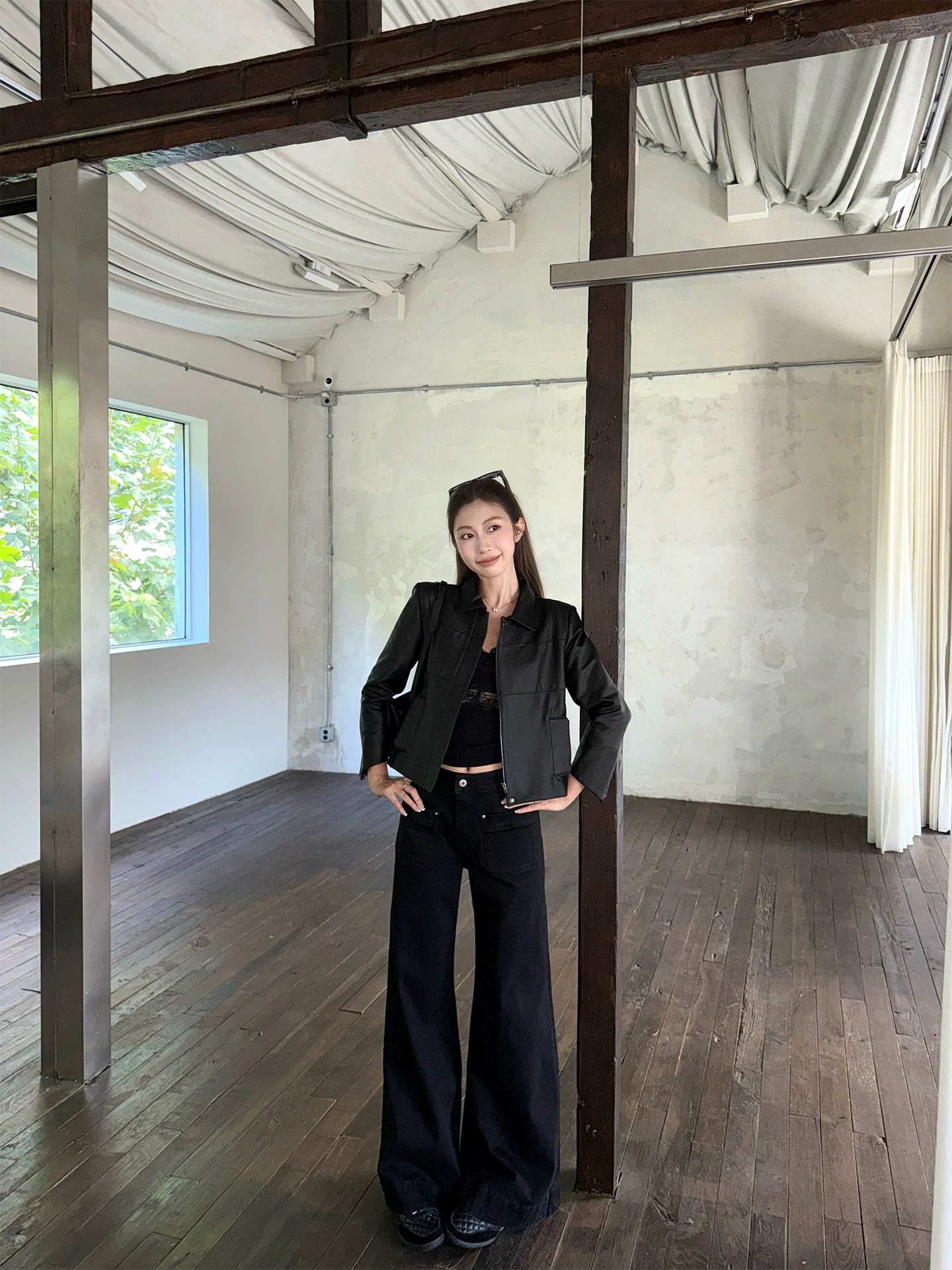 4PRIL 黑色口袋喇叭牛仔褲女秋季顯高顯瘦寬松休閑百搭闊腿褲長褲