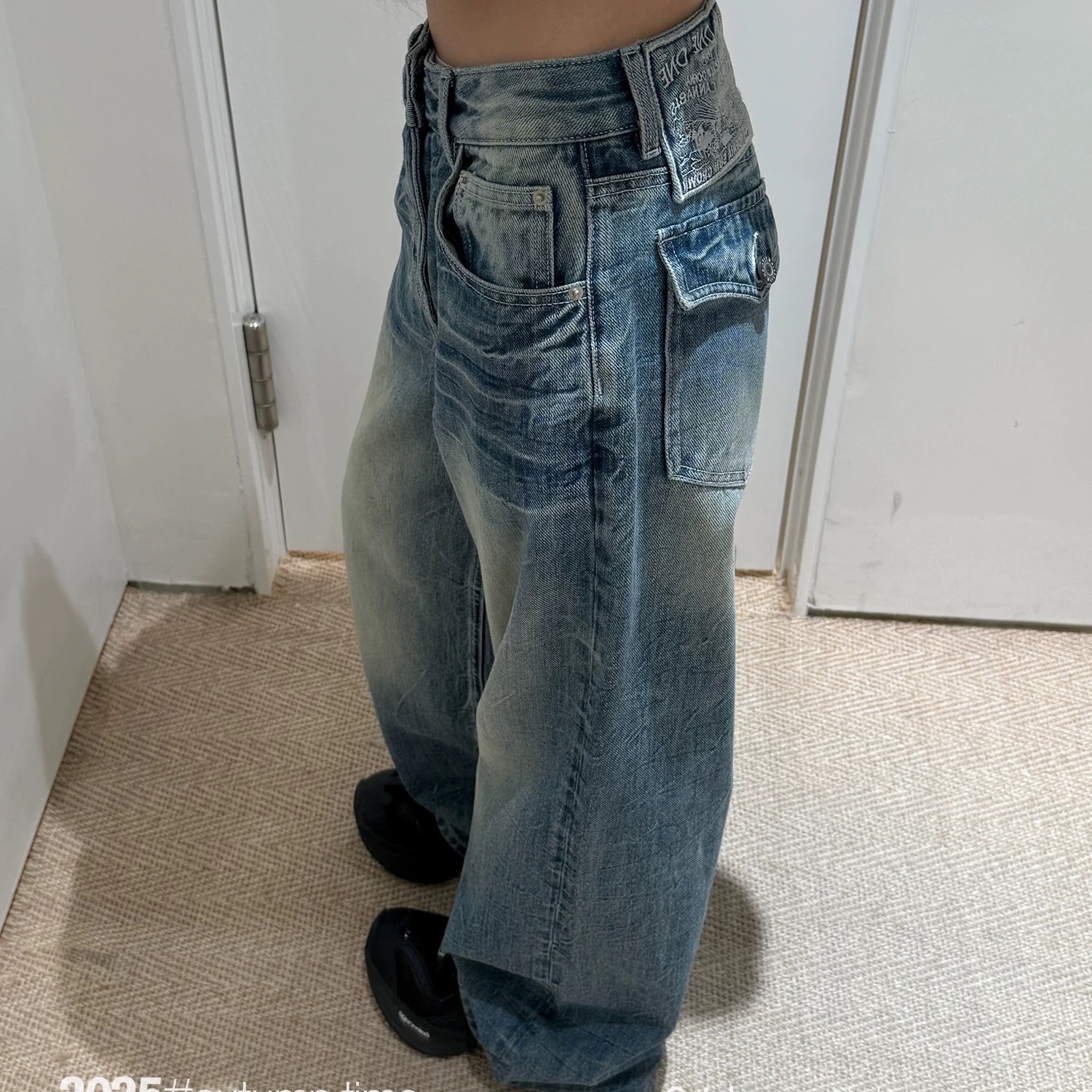 SUNONEONE 低腰水洗寬松直筒美式復古牛仔褲女秋磨白闊腿休閑褲子