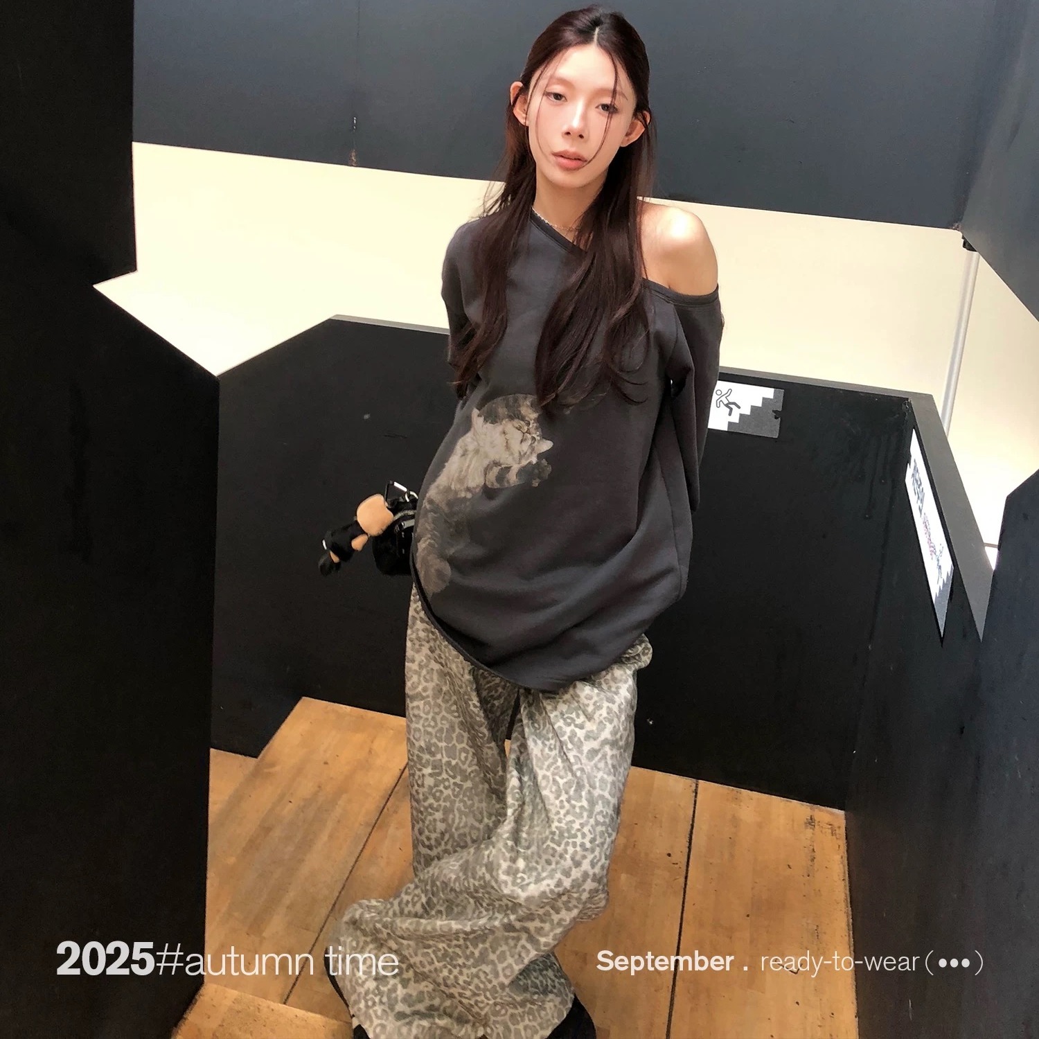 SUNONEONE 豹紋寬松闊腿直筒低腰休閑褲女秋季韓版小個子顯瘦褲子