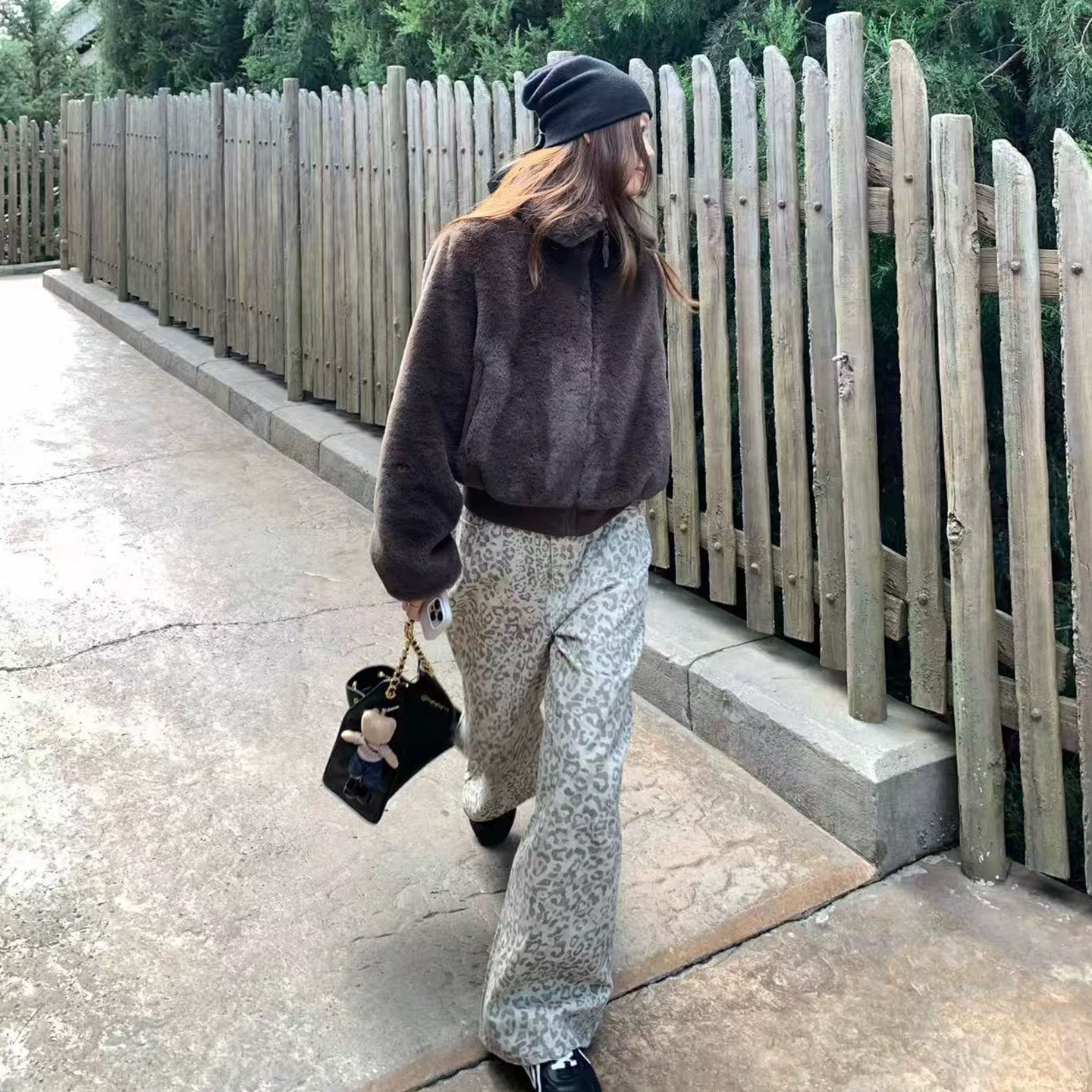 im向 澀谷sky’豹紋復古做舊闊腿褲女秋定染休閑牛仔褲