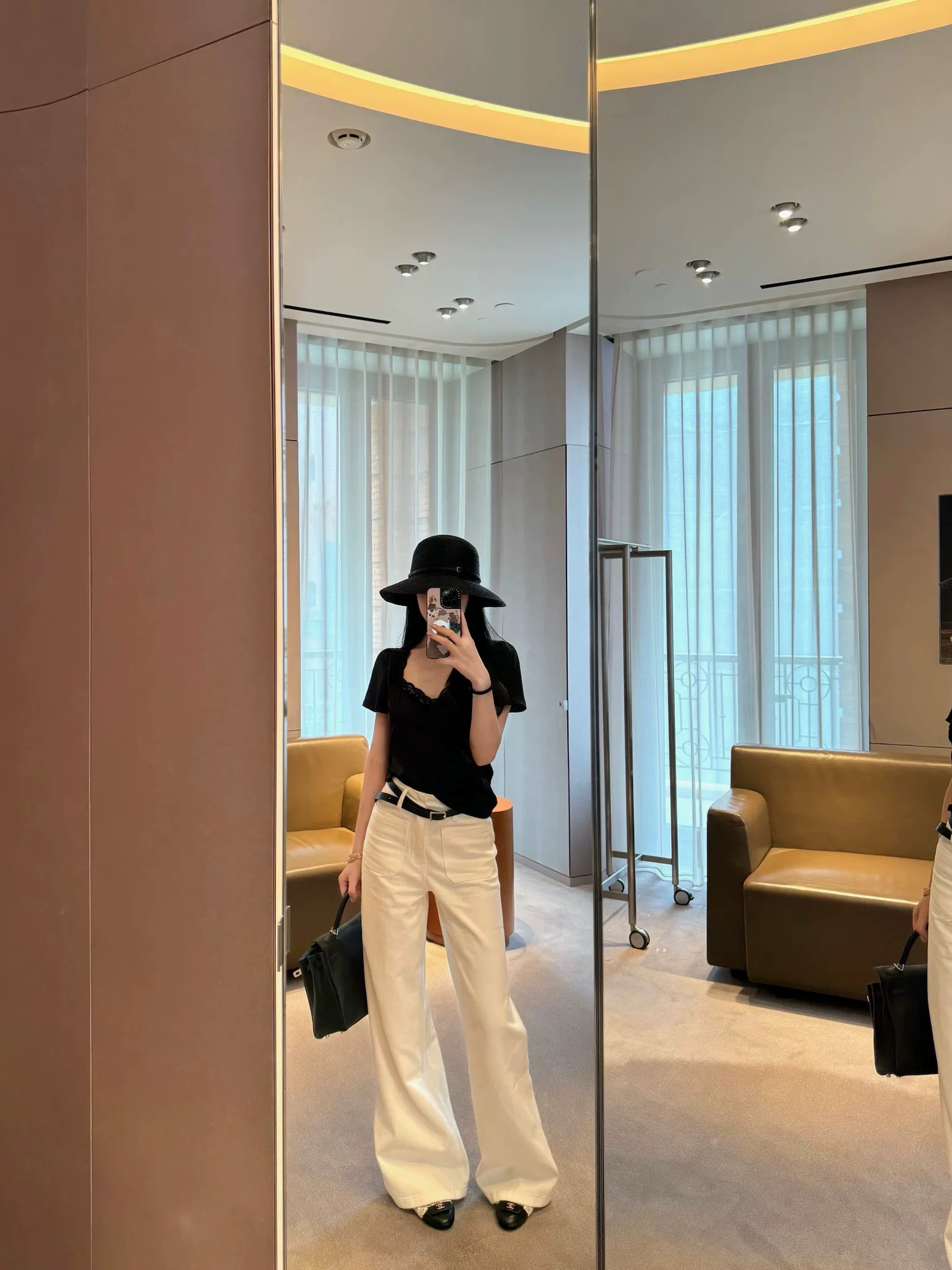 woppei 時髦通勤高腰百搭白色微喇牛仔褲休閑寬松長褲 贈黑腰帶