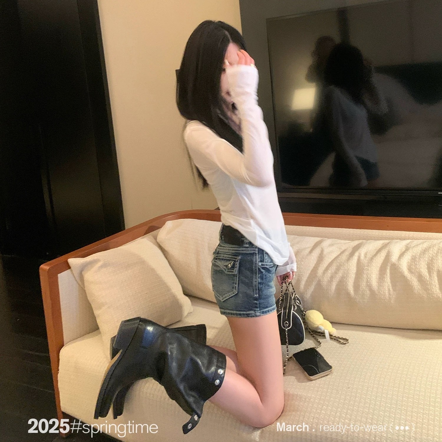 SUNONEONE 雙股粗線復古牛仔短褲女春季辣妹美式顯瘦藍色做舊褲子