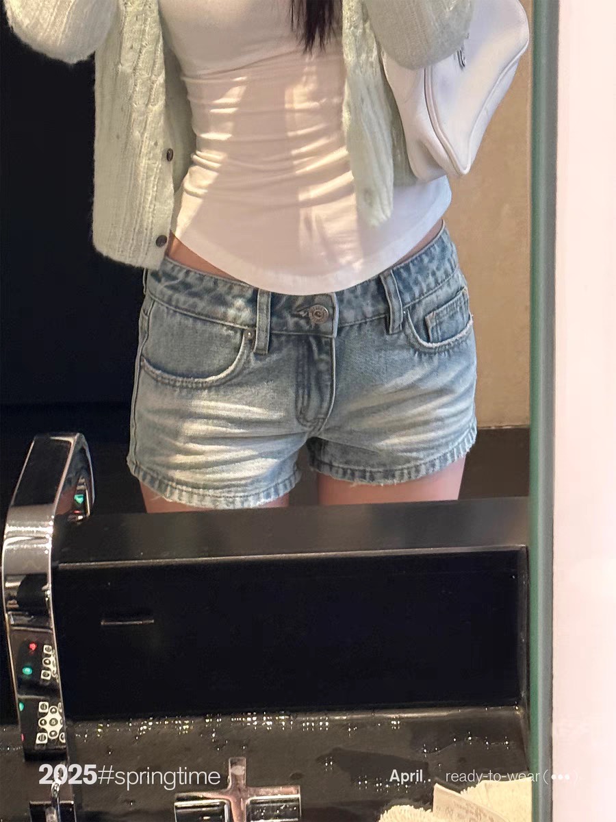 SUNONEONE 淺藍色美式牛仔短褲女春低腰復古直筒休閑褲子