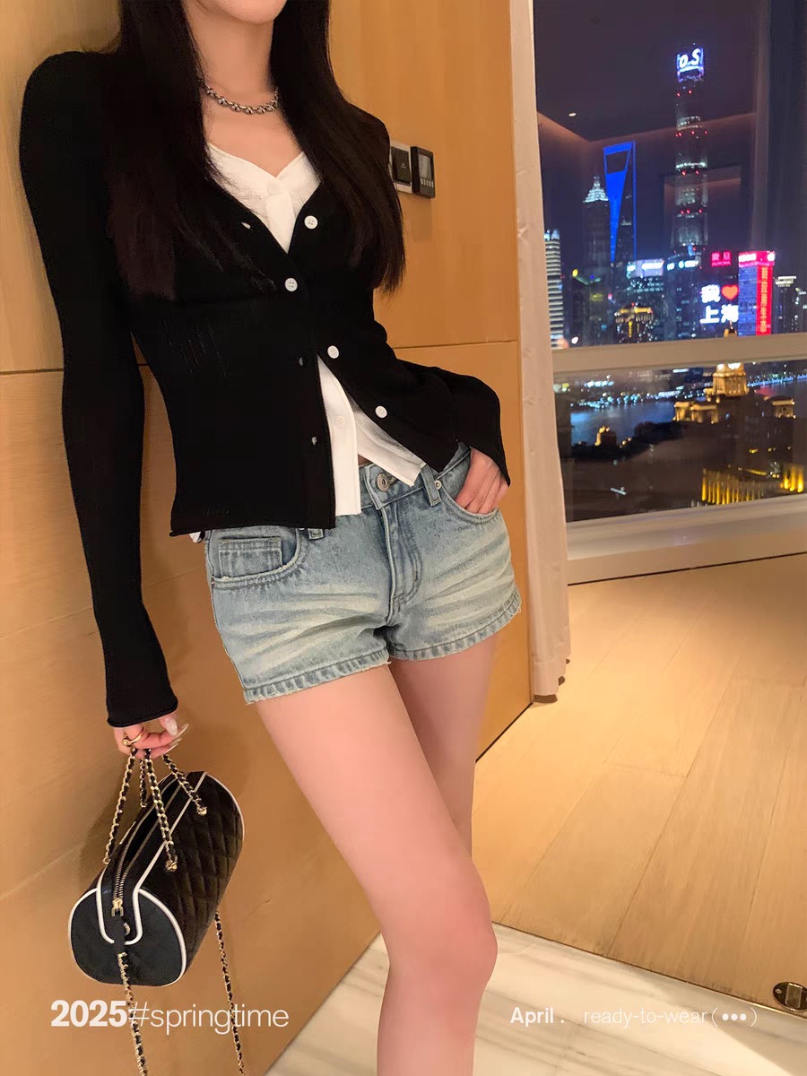 SUNONEONE 淺藍色美式牛仔短褲女春低腰復古直筒休閑褲子