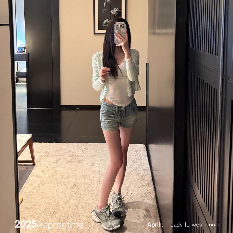 SUNONEONE 淺藍色美式牛仔短褲女春低腰復古直筒休閑褲子