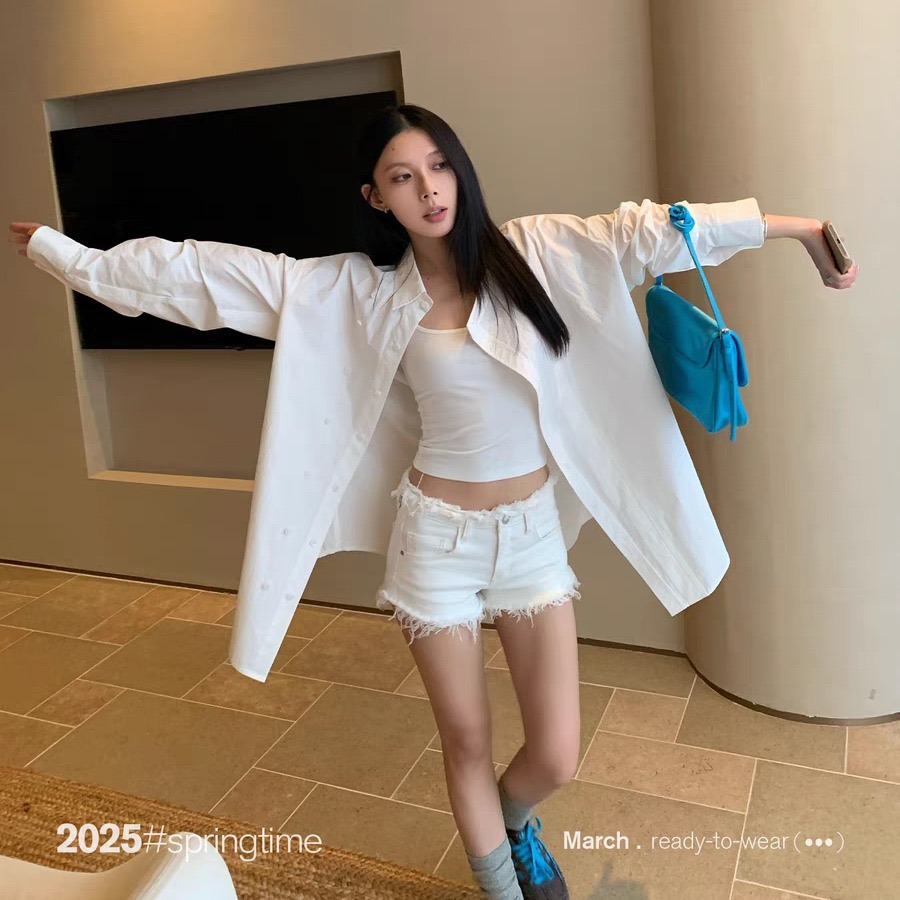 SUNONEONE 低腰毛須牛仔短褲女夏季修身百搭白色休閑褲子