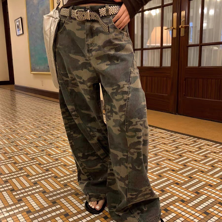 SUNONEONE 迷彩印花寬松牛仔褲女春新款美式闊腿設計感低腰休閑褲